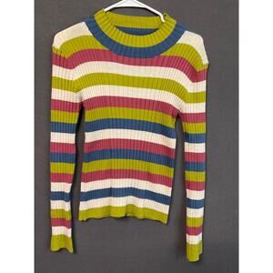 Poof Apparel Small Ribbed Stripe Sweater Green Pink Blue Cream Stretch Knit